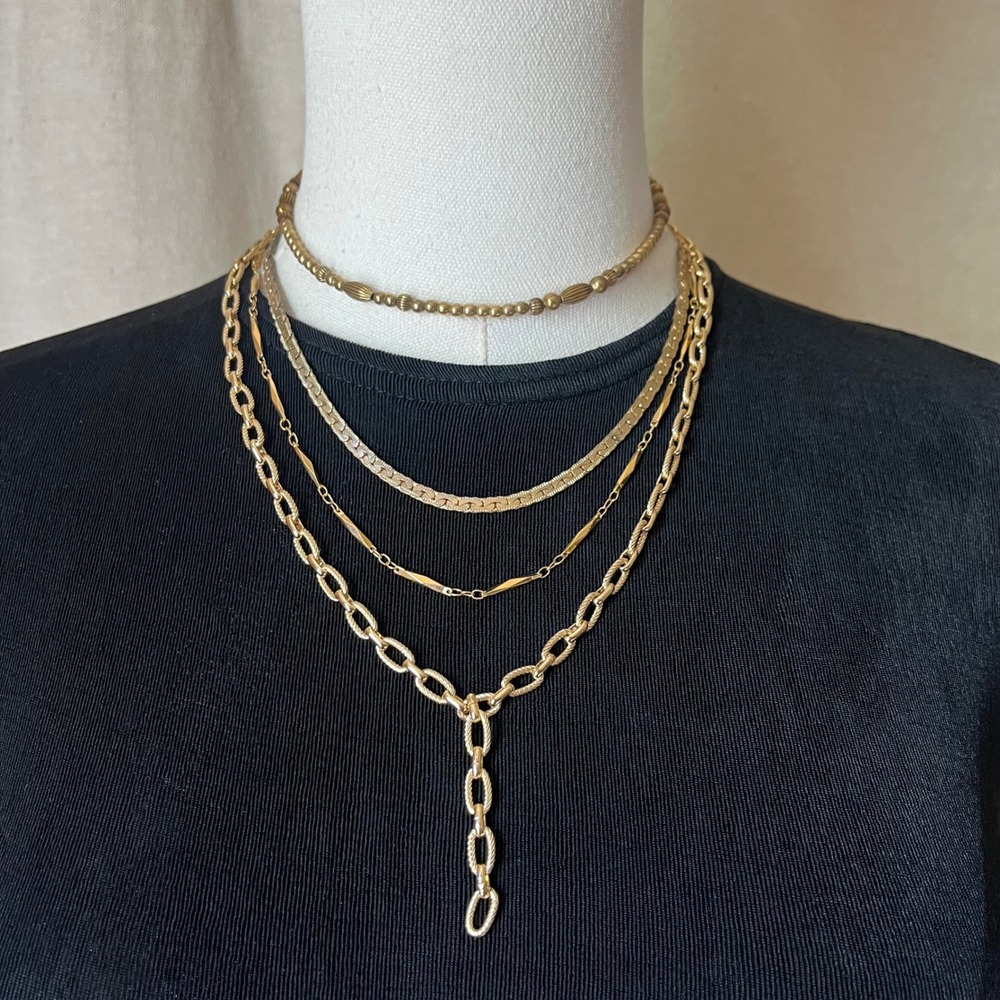 Lot of 4 Gold Tone Chain Necklaces Lariat Herringbone Bar Chain Choker Bundle